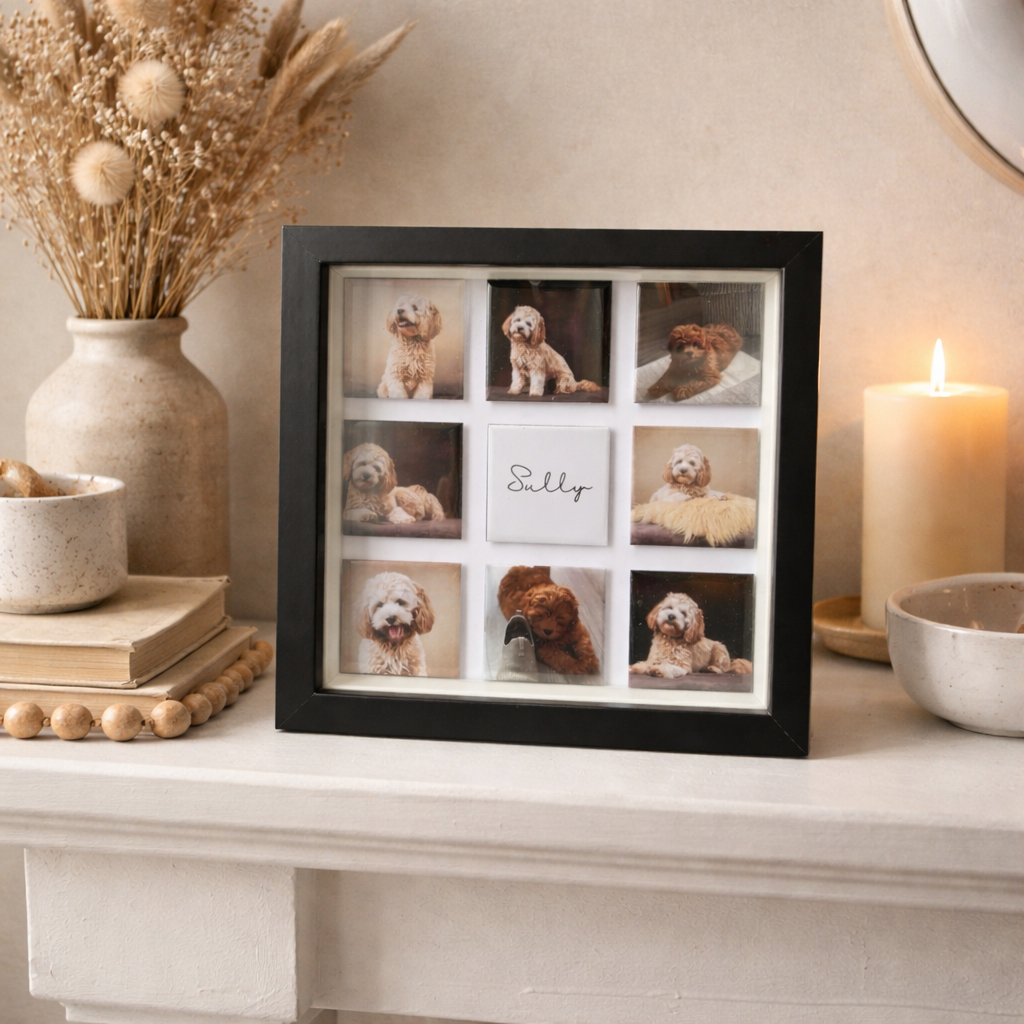 Framed photo collage of a dog with decorative items on a surface.